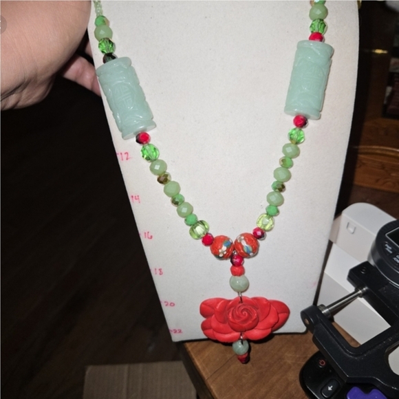 Artisan Jade & Carved Red Rose Cinnabar Crystal Necklace - Picture 12 of 12